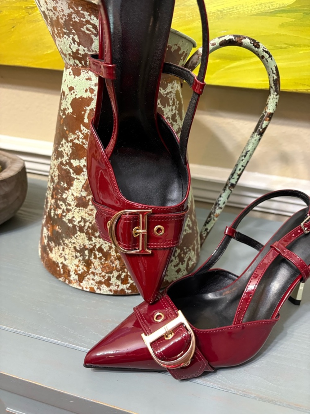 Designer Inspired Patent Pointed-Toe Slingback Heels with Gold Buckle - Picture 4 of 6